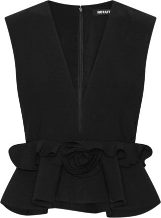 Rotate Black V-Neck Flower Applique Ruffled Waist Top