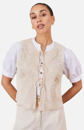 Yumi Embroidered Tie Front Waistcoat in Beige at Nordstrom, Size Medium