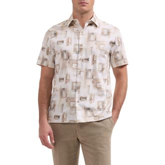 Bugatchi Vero Shaped Fit Abstract Print Short Sleeve Stretch Cotton Button-Up Shirt in Desert at Nordstrom, Size Xx-Large