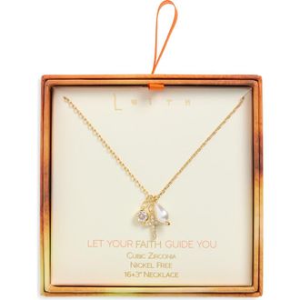 Leith Cubic Zirconia Cross & Faux Pearl Charm Pendant Necklace in Clear- White- Gold at Nordstrom Rack
