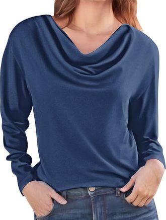 Generic Womens Long Sleeve Tops Cowl Neck Lightweight Casual Basic Tee Shirts Ladies Plain Autumn T-Shirt(Navy, XXXL) Regenjacke Wasserdicht