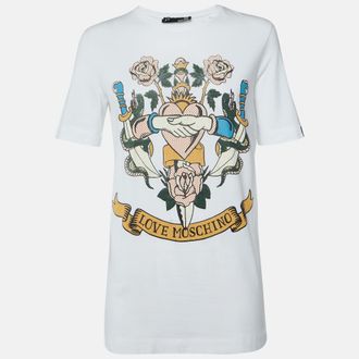 Love Moschino White Printed Cotton Crew Neck T-Shirt