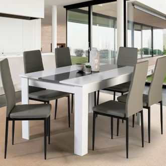 IDMarket Idmarket - Conjunto De Mesa De Comedor Georgia 140 Cm Blanca Y Gris Y 6 Sillas Romane Grises