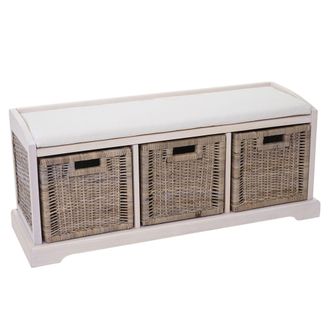 Hhg Hhg - Nunca Usado] Banco Bienne, Caja De Almacenaje, 3 Cestas, Mimbre Rat&aacute;n Kubu, 112x46x37cm, Blanco