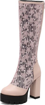Generic Womens High Heeled Long Boots with Zipper PU Leather Knee High Boots Round Toe Platform Boot,Pink,10.5 UK