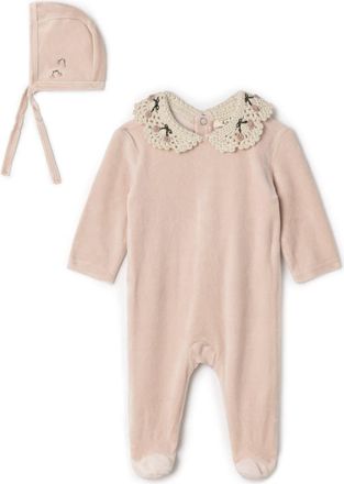 Lola Velour Crochet Collar Snap Back Romper and Bonnet Set in Rose Cloud at Nordstrom, Size 3M