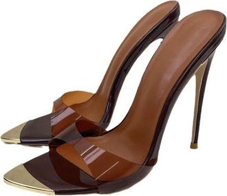 Generic Brown,9.5 UK,Womens Sandals Stiletto Mule High Heels Pointed Open Toe Slides Slip on Slingback Pumps Casual Wedding Prom Party PVC Transparent Dressy 