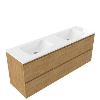 Saniclass Holz Pure Badkamermeubelset - 160x45x77.5cm - Torino solid surface wastafel wit - zonder kraangat - 4 lades - mat eiken natural (hout)