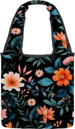 Generic Flowers and Green Leaves Reversible Canvas Shoulder Tote - Double-Sided Print, 12oz Cotton, 27cm Drop, Fold-Flat Bag for Travel, Shopping, Street Outi