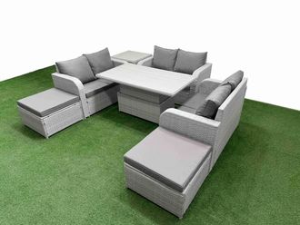 Fimous 8 Seater PE Wicker Rattan Furniture Sofa Sets w/ Adjustable Lifting Dining or Coffee Table 2 Seater Love Sofa 2 Big Footstool Side Table Light