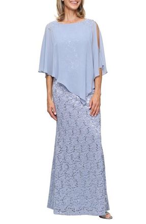 S.L. Fashions Beaded Lace & Chiffon Capelet Gown in Hydrangea at Nordstrom, Size 18