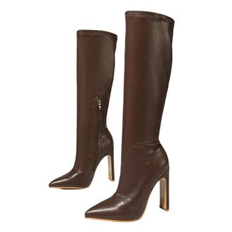 Generic Women Knee High Boots Soft Leather Pointed Toe Square Heel Wedding Party Winter Boot