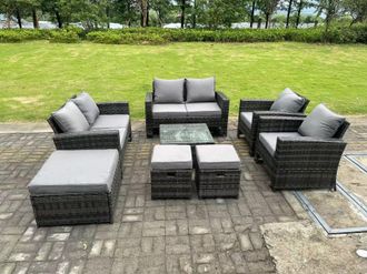 Fimous 9 Seater Dark Grey Mixed High Back Rattan Sofa Set Coffee Table Garden Furniture Outdoor 3 Stools