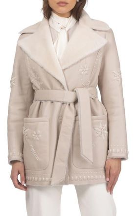Gorski Genuine Shearling Short Jacket with Embroidery, Belt in Cream/cream at Nordstrom, Size X-Small