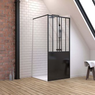 Aurlane Aurlane - Pack Mampara De Ducha 90x200 Negro Mate + Plato De Ducha Alto Para Instalar 90x90- Blanco Efecto Piedra
