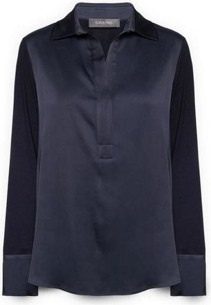 Elena Miro Polo shirt met twee stoffen - Dames - Blouses - Blauw - 2XL - Satijn - Overhemden