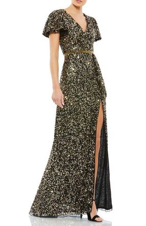 Mac Duggal Sequined Wrap Over Butterfly Sleeve Draped Gown in Black Gold at Nordstrom, Size 10