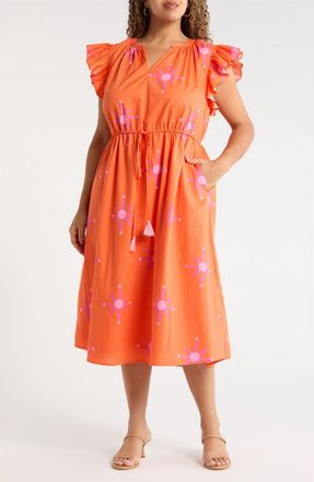 Sugarlips Karani Starburst Flutter Sleeve Tie Waist Midi Dress in Orange-Fuchsia at Nordstrom, Size 3 X