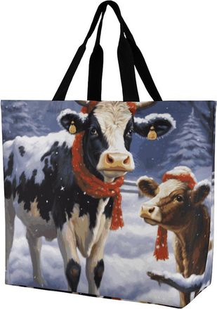 Generic Christmas Snow Cow Shopping Bag Durable Tote Bag Foldable Handbags For Travel Casual Daily Use