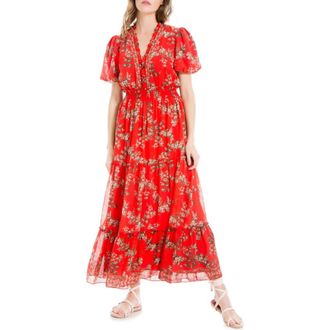 Max Studio Short Sleeve Tiered Georgette Maxi Dress in Redmpltl-Red Maple Toile at Nordstrom Rack, Size X-Small Regular