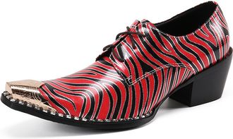 Generic Mens Western Chunky Heel Leather Dress Oxford Shoes Fashion Metal Tip Lace Up Low Top Business Formal Wedding Party Derby Shoes for Male (Red,11.5)