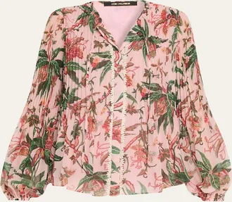 Kobi Halperin Helen Pleated Floral-Print Blouse