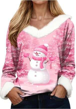 Generic Christmas Sweatshirts for Women UK Ladies Novelty Tops Xmas Jumpers Furry V Neck Long Sleeve Shirts Xmas Tree Snowflake Graphic Tees Dressy Casual Hol