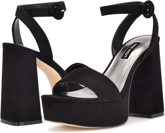 Nine West Jans 2 Sandals Women US Black Suede Ankle Strap Block Heel ZOGG1829