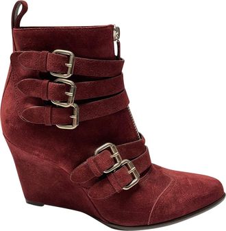 Tabitha Simmons Harley 80 Buckle Wedge Boots in Burgundy Suede