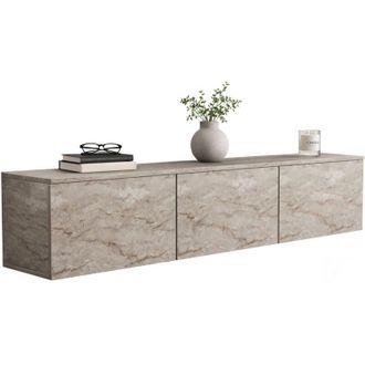 Dmora Mobile Porta tv Carosino, 3 Vani, 3 Ante, Apertura a Ribalta, 160x32x35h cm Beige Marmo