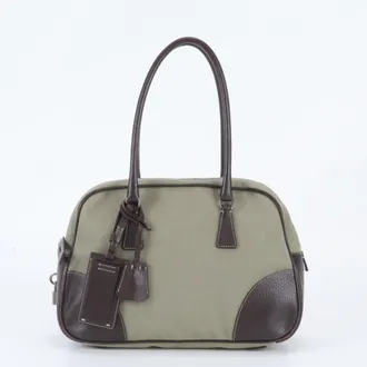 Prada Brown Green Khaki Leather Canvas Handbag Shoulder Bag Tote Bag (Pre-Owned)