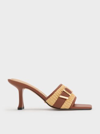 Charles & Keith Whitney Leather & Raffia Buckled Heeled Mules