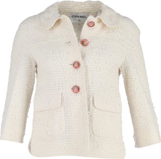 Chanel Pre-owned Womens Round Collar Single-Breasted Blazer in White Tweed Cotton - Ecru - Size Small