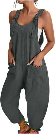 Generic Womens Summer Stretch Overalls Oversize Casual Plain Wide Leg Jumpsuit Sleeveless Bib Shorts with Large Pockets Casual Loose Bib Pants Overall Baggy S