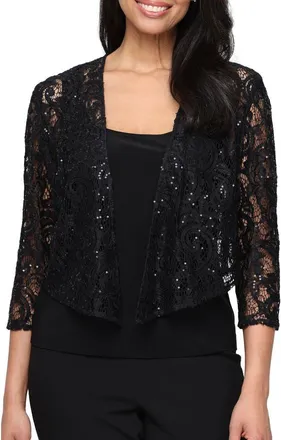 Alex Evenings Three-Quarter Sleeve Stretch Sequin Lace Coverup Jacket in Black at Nordstrom, Size X-Large