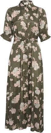 Kaffe Bloemen Maxi Jurk met Pofmouwen - Dames - Shirt Kleedjes - Groen - L - Satijn - Kleedjes