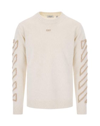 Off-white Cream Embroidered Crewneck Knit Sweater