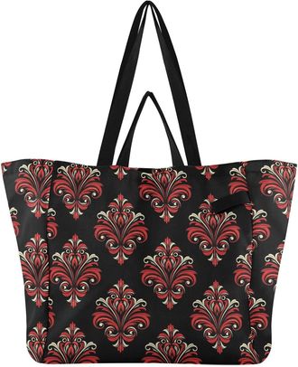 Generic Paisley Red Black pattern Reusable Canvas Tote Bag, Heavy Duty Grocery Shopping Bag with Large Capacity Double Handles Hard Bottom Work Groceries Trav