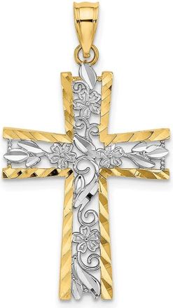 Diamond2Deal 10k Yellow Gold Rhodium Diamond-Cut Flower Design Cross Charm