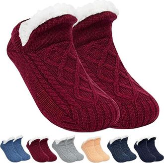 Generic Thermal Slipper Socks Women Men, Indoor Non-slip Thermal Socks, V-mouth Fluffy Slipper Sock, Winter Slipper Home Sock (X-Large,Wine Red)