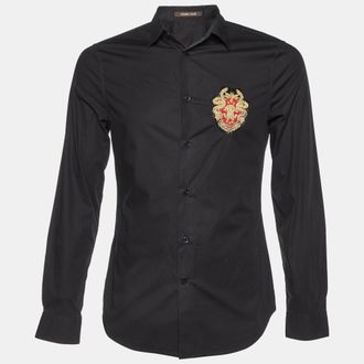 Roberto Cavalli Black Cotton Logo Crest Embroidered Button Front Shirt