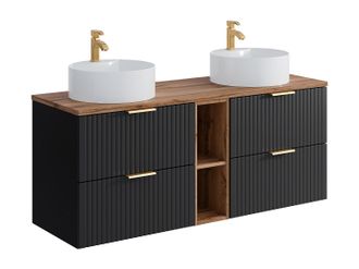 Vente-Unique Mueble de ba&ntilde;o suspendido estriado con estantes y lavabo redondo sobre encimera - Negro y natural claro - L140 cm - ZEVARA