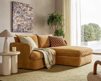 Castlery Ollie Storage Small Chaise Sectional Sofa, Right Facing, Mustard Brown, Removable Covers, Gaslift Storage