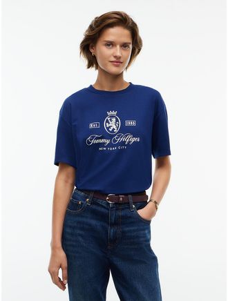 Tommy Hilfiger Womens Relaxed Fit Crest Logo Interlock T-Shirt - Preppy Navy - XXL