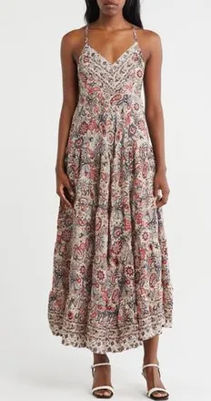 La Fiorentina Irene Paisley Floral Tiered Maxi Dress in Ivory/Pink at Nordstrom Rack, Size X-Large