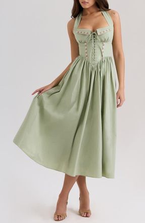House of CB Emilia Corset Halter Midi Dress in Reseda at Nordstrom, Size X-Large A
