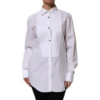 Dolce & Gabbana White Cotton Tuxedo Bib Long Sleeve Dress Womens Shirt