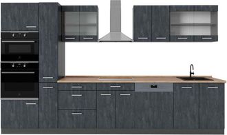 Vicco Cucina completa R-Line, Calcestruzzo nero/antracite, 350 cm, PL Rovere, Vicco