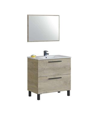 F.R.S. Frs - Mueble De Ba&ntilde;o Cullera Con Lavabo Cer&aacute;mico Y Espejo, Acabado Roble 80 Cm(alto)80 Cm(ancho)45 Cm(largo)