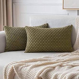 OEM Funda De Almohada Lumbar De Pana A Rayas Estilo Bohemio De 30x50 Cm (12x20 Pulgadas), Color Verde Oliva - Estilo R&uacute;stico Moderno, Apta Para Sof&aacute;s, Cam